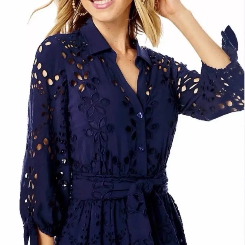 Lilly Pulitzer Navy Eyelet Dress with White Underlay